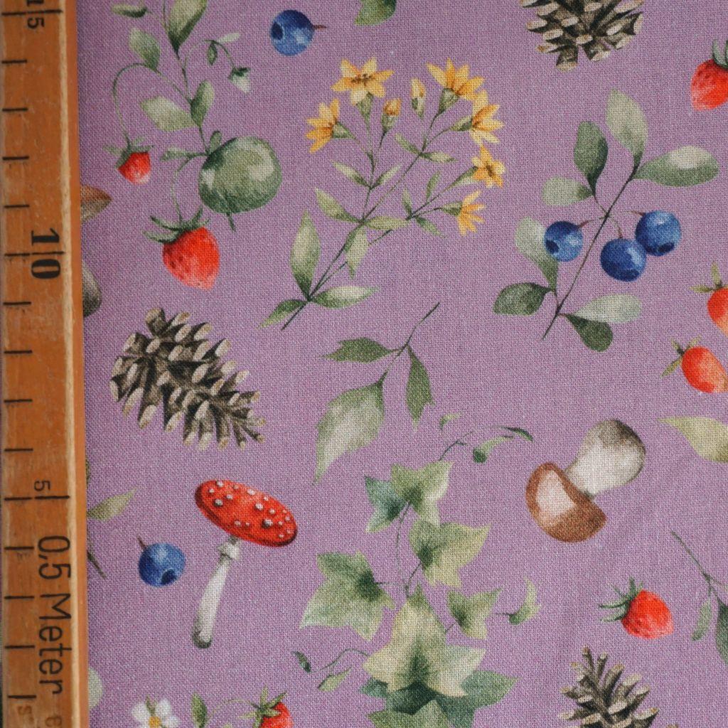 Baumwollstoff Motivdruck Blätter Blüten Pilze Herbst mauve